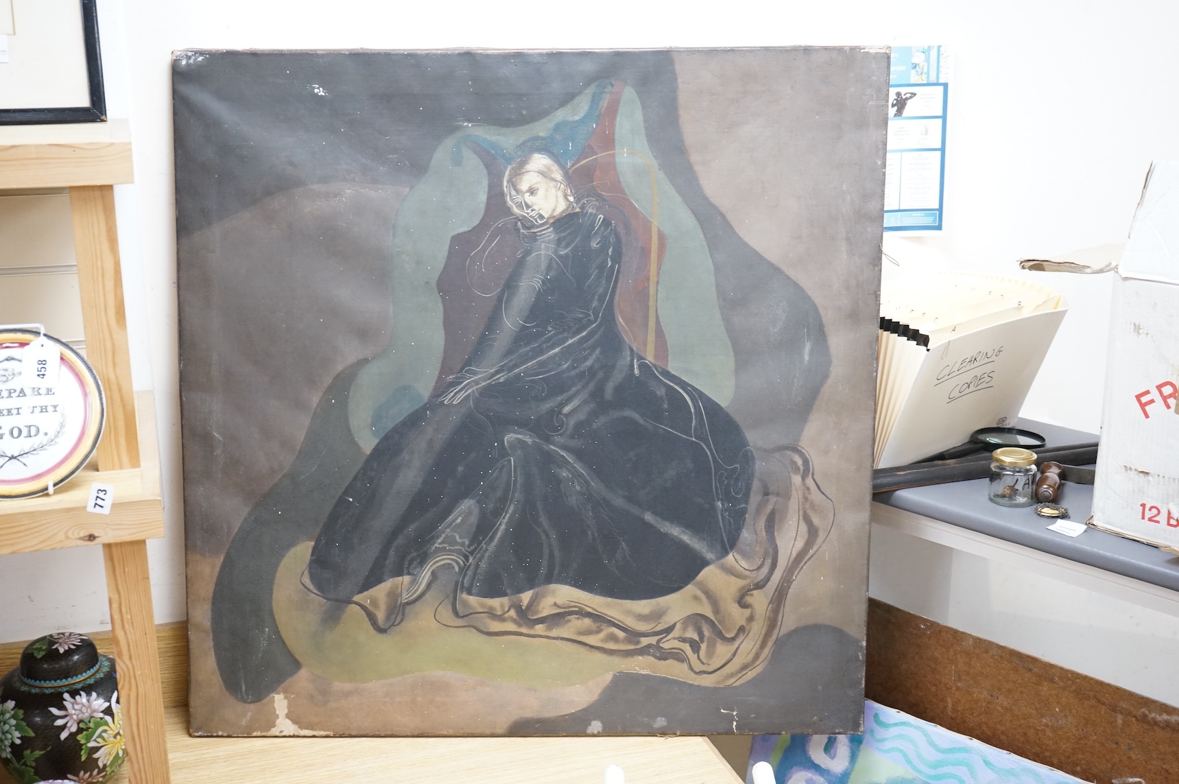 Edith Early, Surreal portrait of a lady, signed verso, oil on canvas, 91 x 91cm, unframed